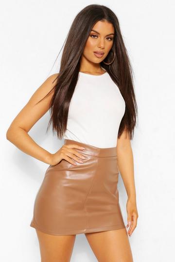 High Waisted Leather Look Mini Skirt tan
