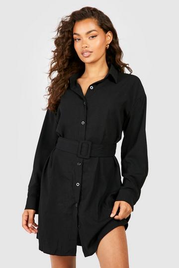 Belted Button-Down Long Sleeve Shirt Dress black