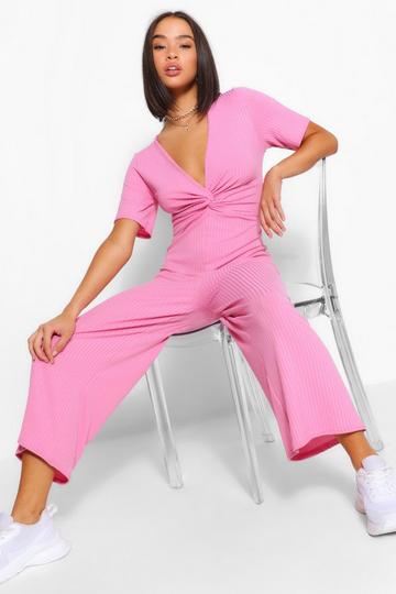 Ribbed Twist Front Culotte Jumpsuit blush