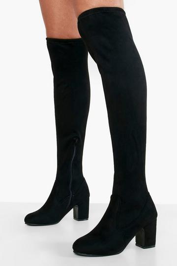 Wide Fit Block Heel Stretch Over The Knee Boots black