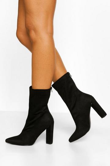 Black Pointed Block Heel Sock Boots