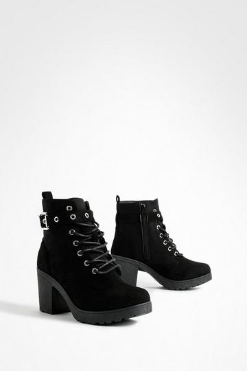 Buckle Lace Up Chunky Combat Boots black