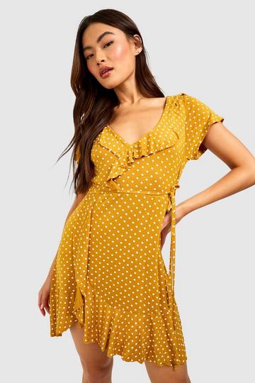 Mustard Yellow Polka Dot Wrap Front Ruffle Tea Dress
