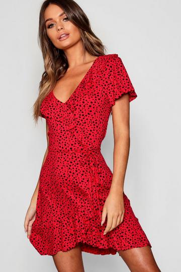 Red Dalmatian Print Ruffle Tea Dress
