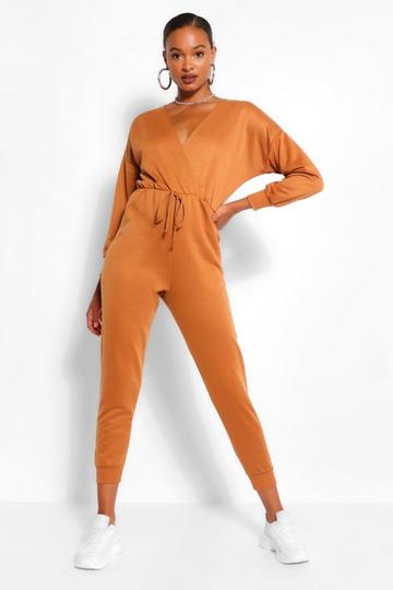 Wrap Over Loopback Sweat Jumpsuit camel