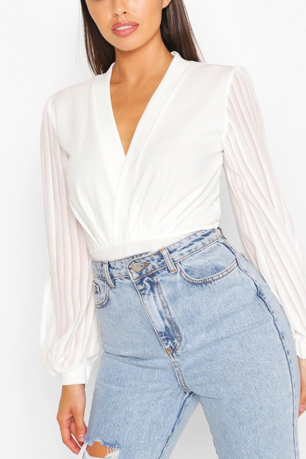 white wrap blouse bodysuit