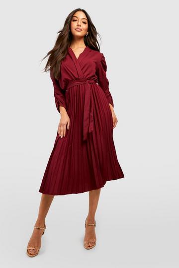 Puff Sleeve Pleated Skirt Midi Dress berry
