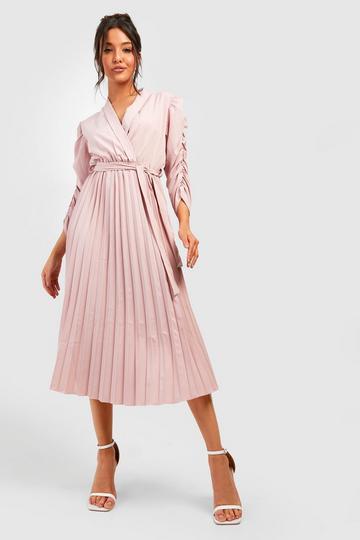 Puff Sleeve Pleated Skirt Midi Dress blush