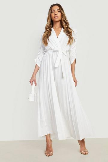 White Puff Sleeve Pleated Skirt Midi Dress