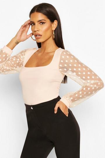 Polka Dot Mesh Sleeve Square Neck Bodysuit blush