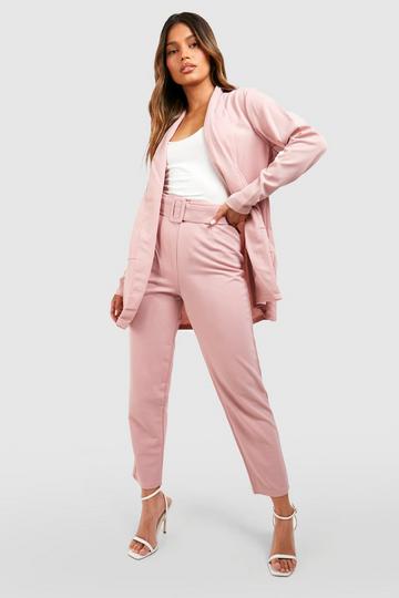 Tailored Jersey Knit Blazer & Self Fabric Belt Pants Suit pink
