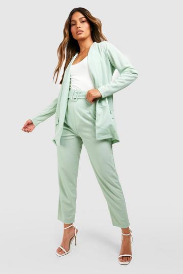 Sage Green Tailored Jersey Knit Blazer & Self Fabric Belt Pants Suit