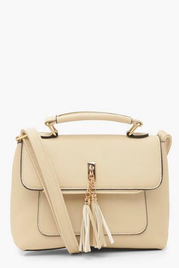 Cream White Smooth PU Tassel Detail Crossbody Bag