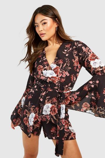 Floral Flared Sleeve Tie Waist Romper black