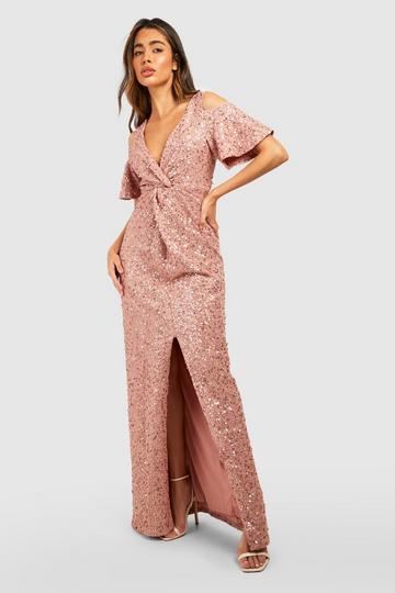 Bridesmaid Occasion Sequin Knot Front Maxi Dress blush