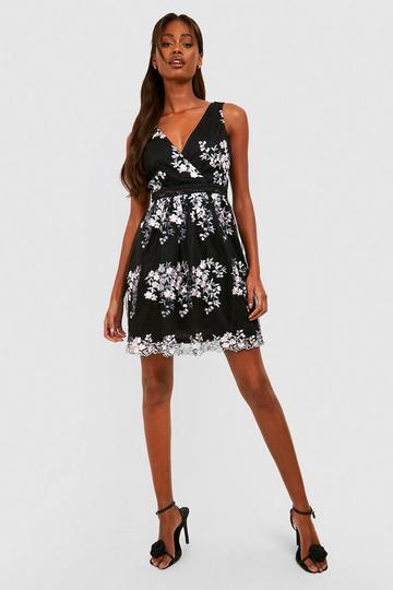 Boohoo Occasion Floral Embroidery Wrap Skater Dress black