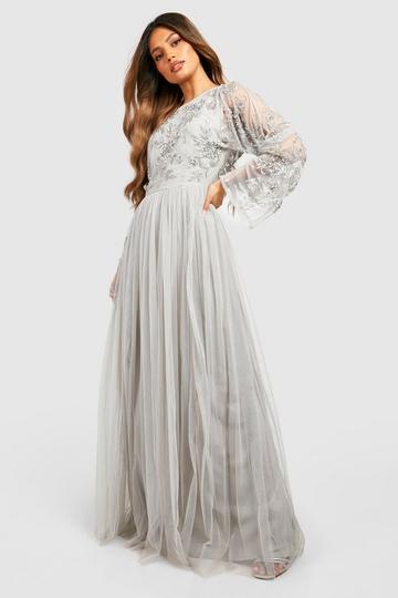 Bridesmaid Hand Embellished Long Sleeve Maxi Dress grey