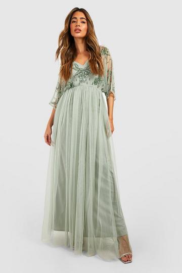 Green Bridesmaid Hand Embellished Kimono Mesh Maxi