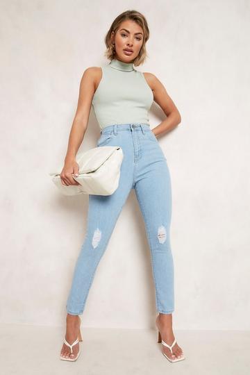 Light Brown Basics High Waisted Ripped Skinny Jeans