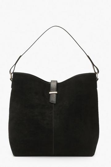 Black Croc Handle Suedette Structured Tote Bag