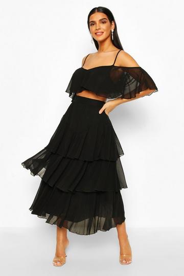 Chiffon Shoulder Top & Ruffle Midi Skirt Co-ord Set black