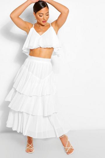 Chiffon Shoulder Top & Ruffle Midi Skirt Co-ord Set white