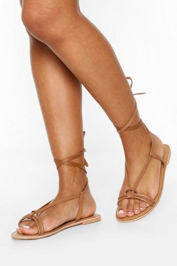 Tan Brown Leather Knot Detail Wrap Strap Sandals