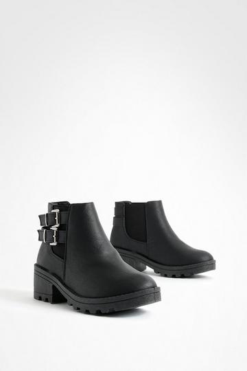 Black Buckle Detail Block Heel Chelsea Boots