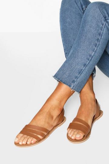 Tan Brown Wide Fit Leather 3 Strap Sandals