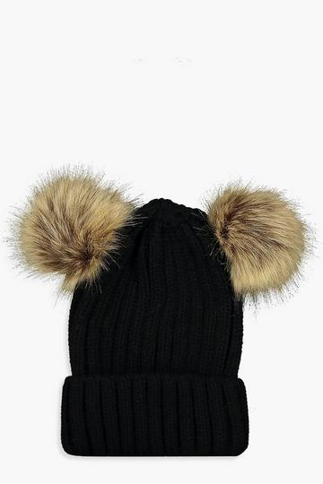 Ribbed Knit Beanie With Double Faux Fur Pom black