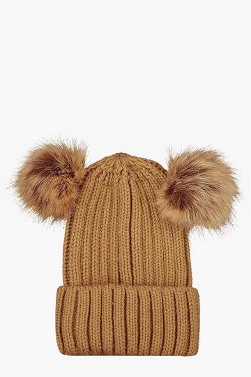Ribbed Knit Beanie With Double Faux Fur Pom camel