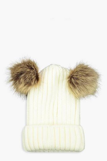 Ribbed Knit Beanie With Double Faux Fur Pom cream