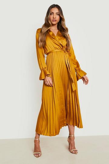 Satin Pleated Midi Dress mustard