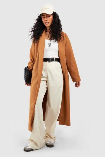 Longline Double Breasted Belted Wool Look Coat camel