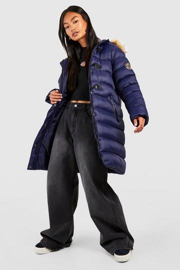 Quilted Faux Fur Hood Parka Coat navy