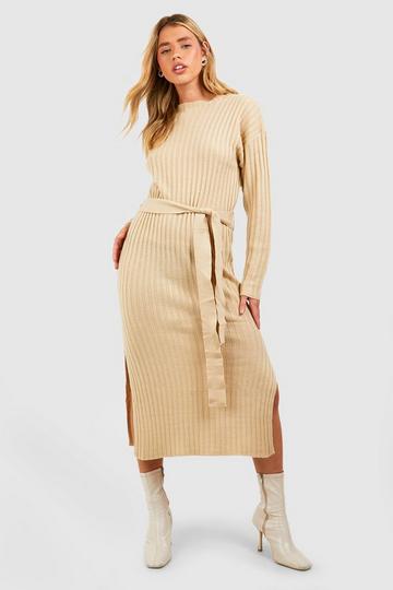 Rib Knit Tie Waist Midi Dress stone