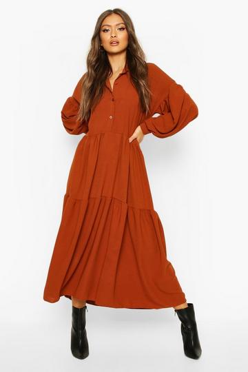 Oversized Tiered Maxi Shirt Dress rust