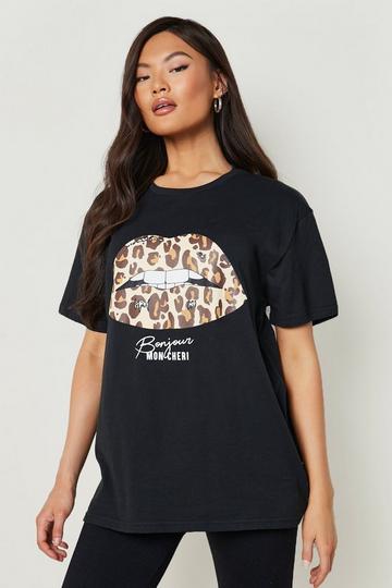 Leopard Lips Slogan T-Shirt black