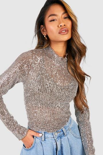 Sequin High Neck Long Sleeved Top silver