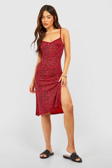 Leopard Print Jersey Slip Midi Dress red
