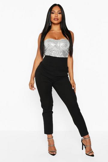 Sequin Bustier Slim Leg Jumpsuit silver