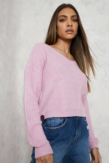 Cropped Fisherman V Neck Sweater lilac