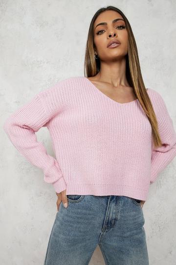 Cropped Fisherman V Neck Jumper pastel pink