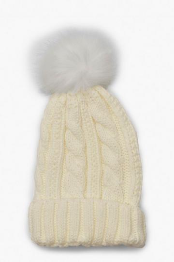 Cable Knit Faux Pom Beanie cream