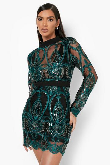 Sequin Damask Cupped Mini Party Dress green