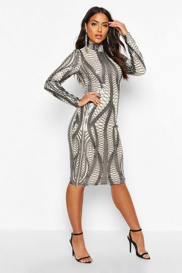 Mesh Sequin High Neck Long Sleeve Midi Party Dress black