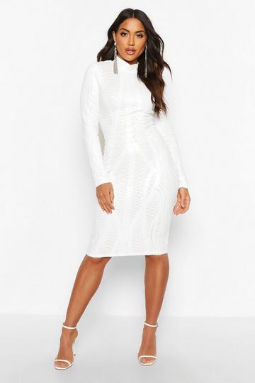 Mesh Sequin High Neck Long Sleeve Midi Party Dress white