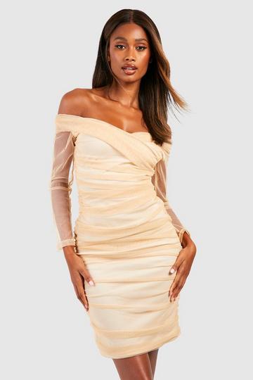 Off Shoulder Ruched Mesh Bodycon Midi Dress nude