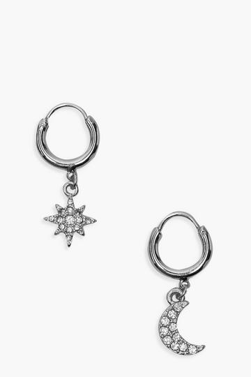 Star And Moon Diamante Huggie Hoop Earrings silver