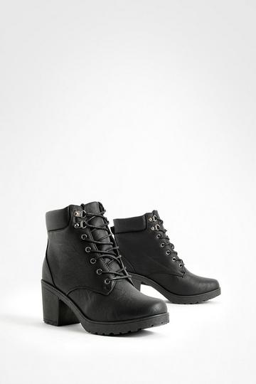 Wide Fit Lace Up Heeled Hiker Boots black